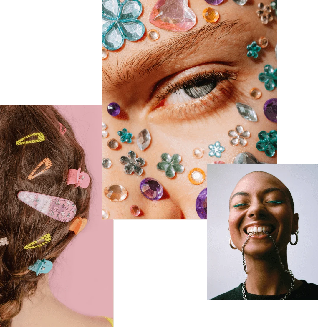 Image cluster featuring: long, wavy brown hair with pastel hair clips all over, close up of a woman’s blue eye with colored rhinestones pasted on her face, bald woman with neon green eyeliner smiling with her eyes closed