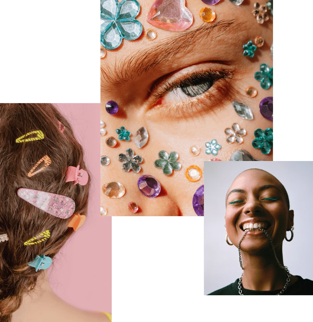 Collage de photos montrant : de longs cheveux châtains ondulés et coiffés avec de nombreuses barrettes pastel, un gros plan sur l’œil bleu d’une femme avec des strass colorés collés sur le visage, une femme chauve avec du eyeliner vert en train de sourire les yeux fermés