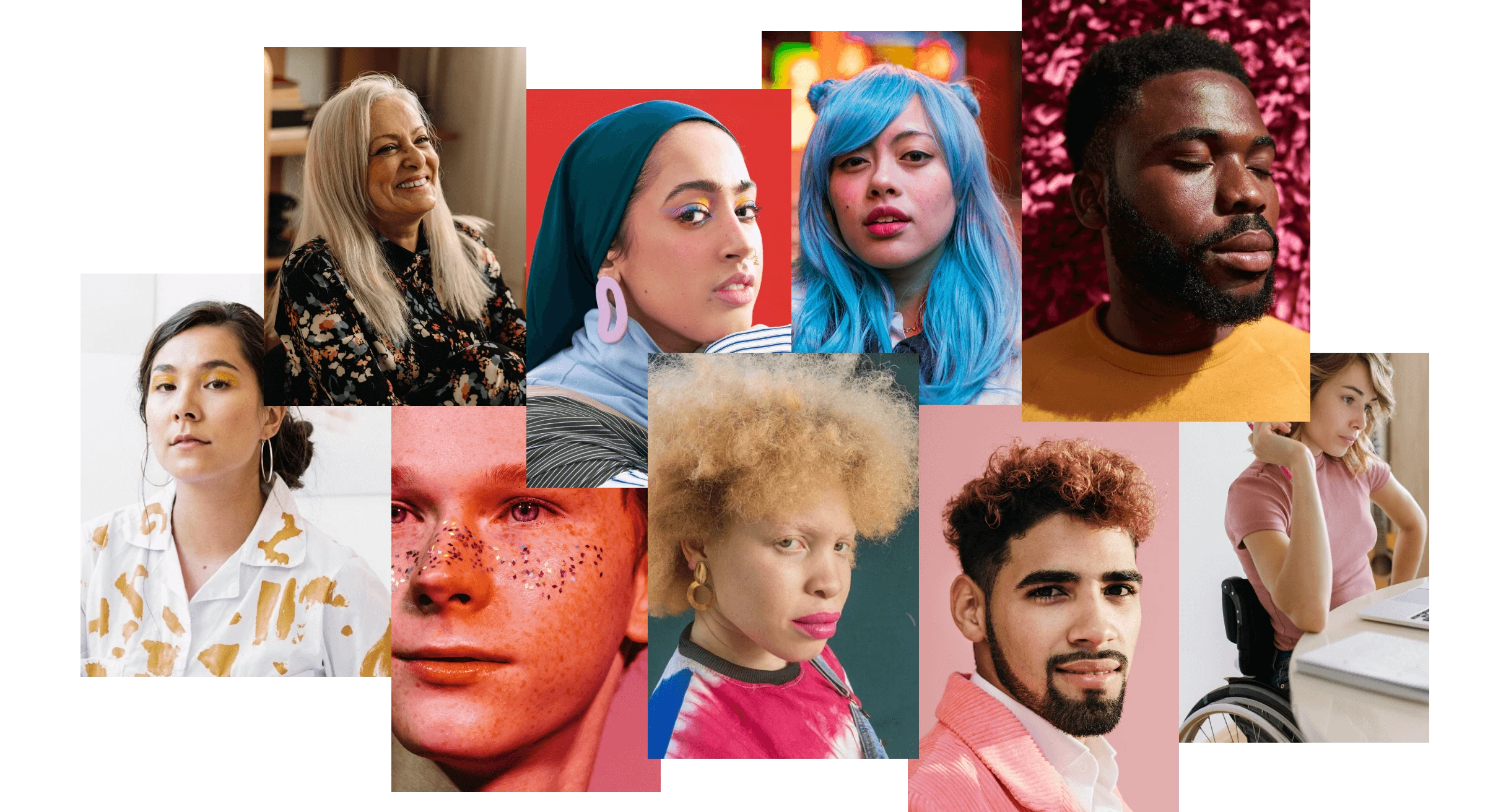 A collage of people of different races dressed in bold styles and colours