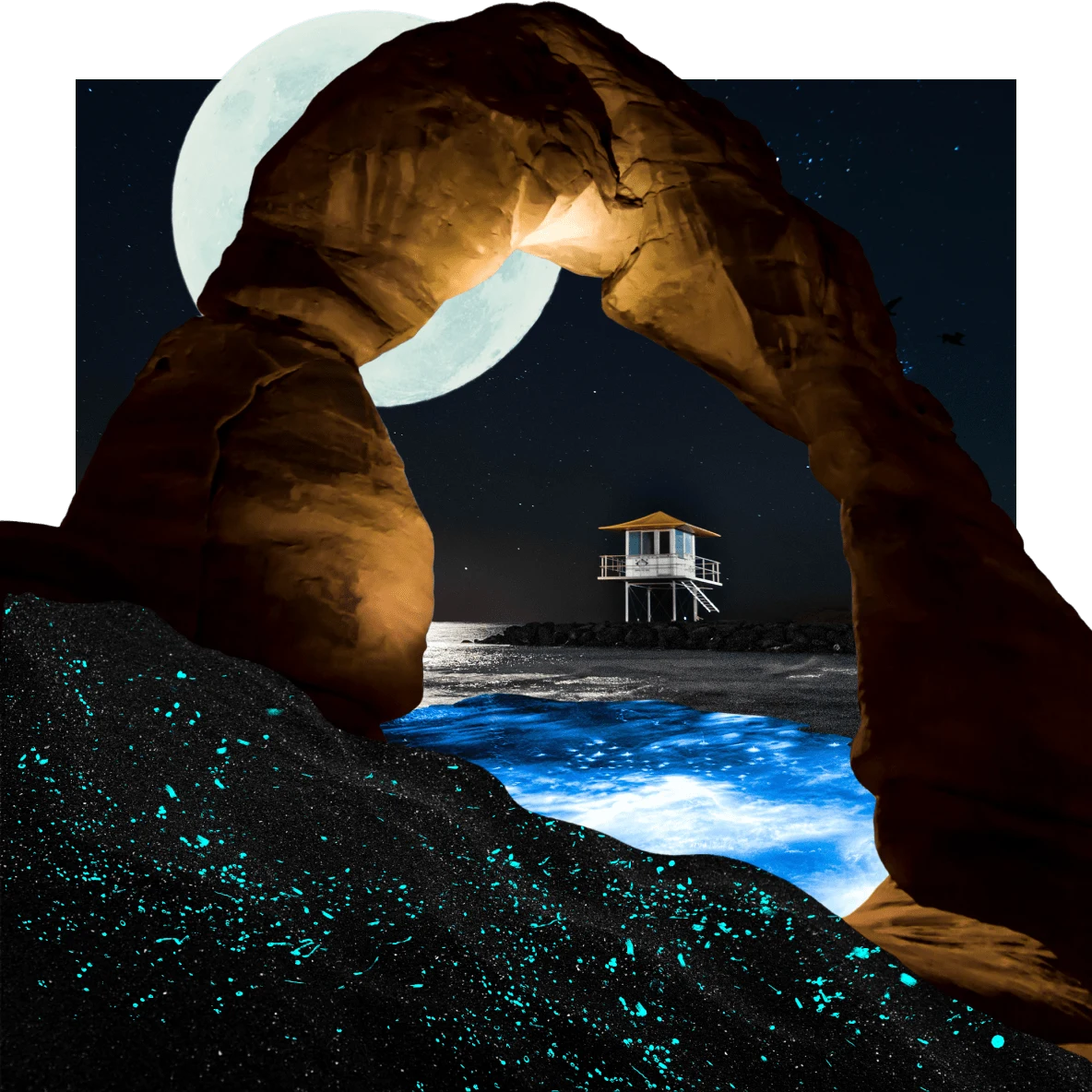 A glowing pool of water under a red stone archway. Full moon in the background shining on a beach hut with stairs on ocean rocks. Blue neon specks against dark waves in the foreground.