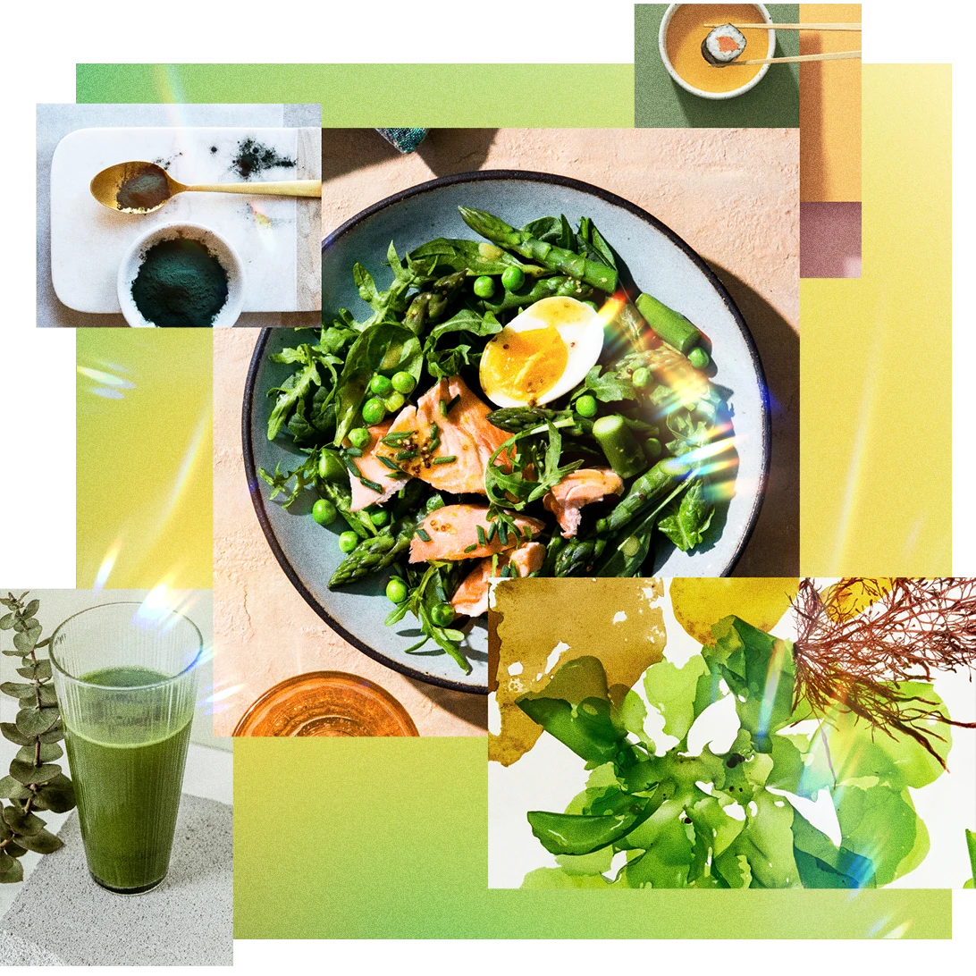 Collage of images featuring leafy greens, salmon and boiled eggs in a bowl, powdered seaweed, chopsticks holding a sushi roll and a glass of green juice.