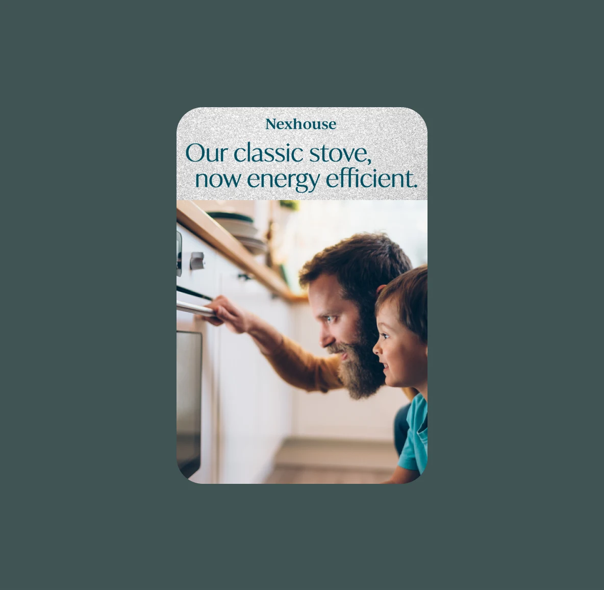 Pin featuring a man and child looking inside an oven with on-screen text that reads: “Our classic stove, now energy efficient.”