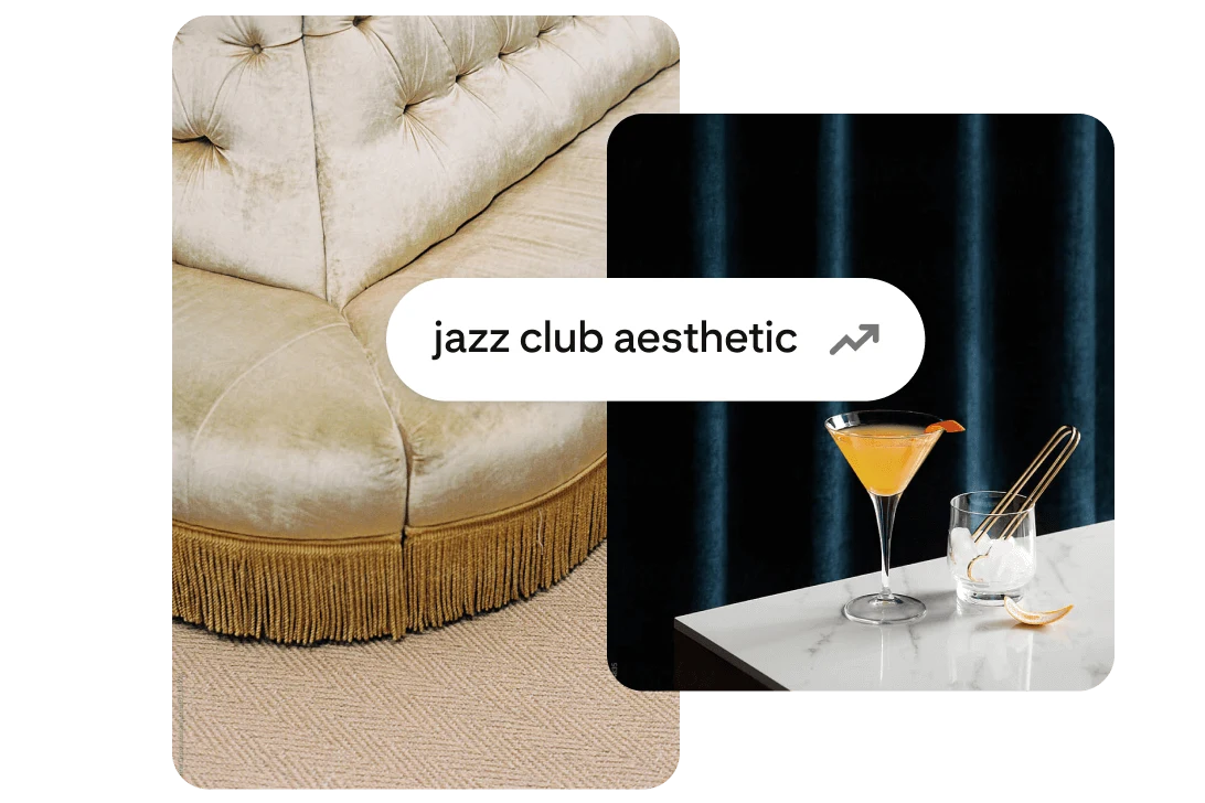 A label reads “jazz club aesthetic” and has a trending line graph icon. It’s accompanied by a photo of a velvet fringed couch and a picture of a cocktail in front of heavy blue curtains.
