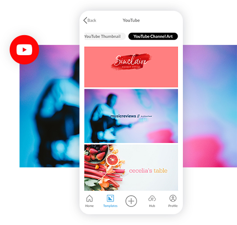 PicMonkey mobile app windows showing graphics selection, logo being made, and logo added to profile in YouTube app. 
