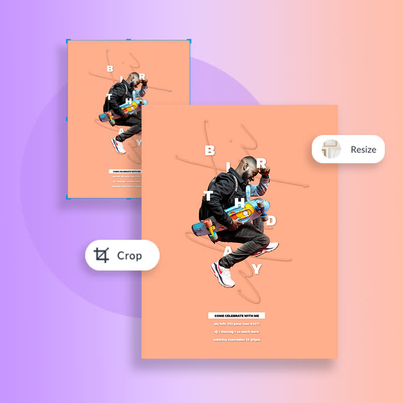 PicMonkey template of man isolated in the air holding a skateboard against orange background and purple and orange gradient while showcasing crop and resize assets.