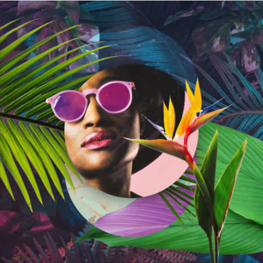Circle image featuring multiple design elements: person with bright pink lipstick and pink sunglasses, and green, purple, and blue leafy graphics against electric colored tropical background. 
