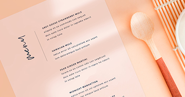 Pink menu designed in picmonkey on a table with a spoon