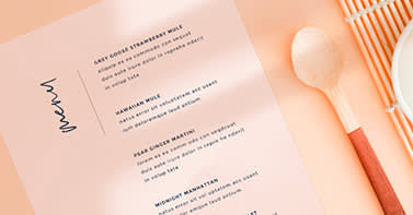 Pink menu designed in picmonkey on a table with a spoon
