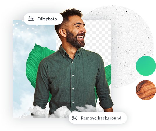 Smiling man in green shirt with photo background partially removed and other PicMonkey photo editing options available. 
