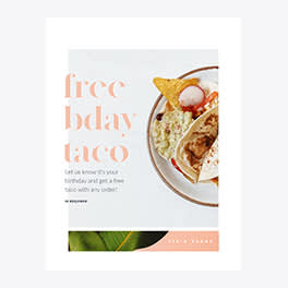 Colorful plate of food alongside pastel pink text that reads, "Free bday taco" against a light gray background.