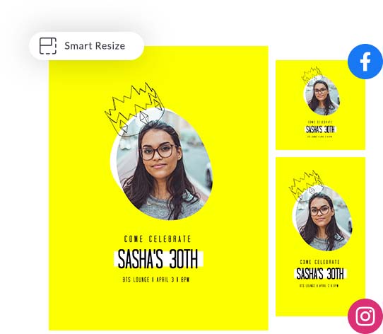 Bright yellow birthday party poster design, sized as a poster, Facebook post, and Instagram Story using PicMonkey’s Smart Resize tool.