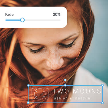 Photo of red-haired woman with logo, "TWO MOONS fashion + lifestyle" watermark being added in PicMonkey. Fade slider adjusted to 30%. 