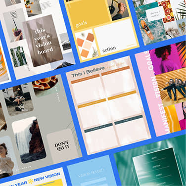 Colorful vision board examples on a blue background.