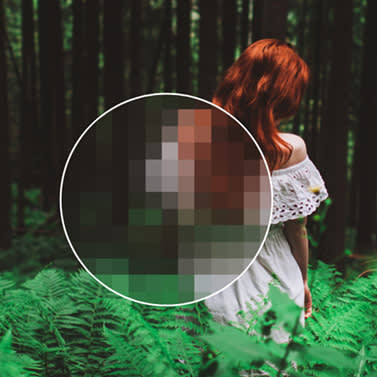 Woman in forest with blurry DPI, showing how to transform image into high resolution. 