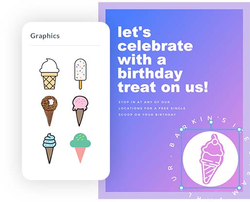 Unique ice cream cone graphics available for customization in PicMonkey and being used on an ice cream shop poster advertisement.