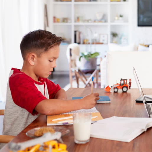 Young male student completing educational worksheet at home. 