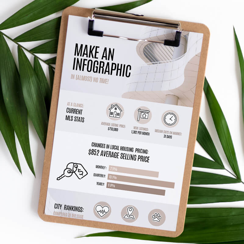 Infographic design on clipboard, against floral background. 