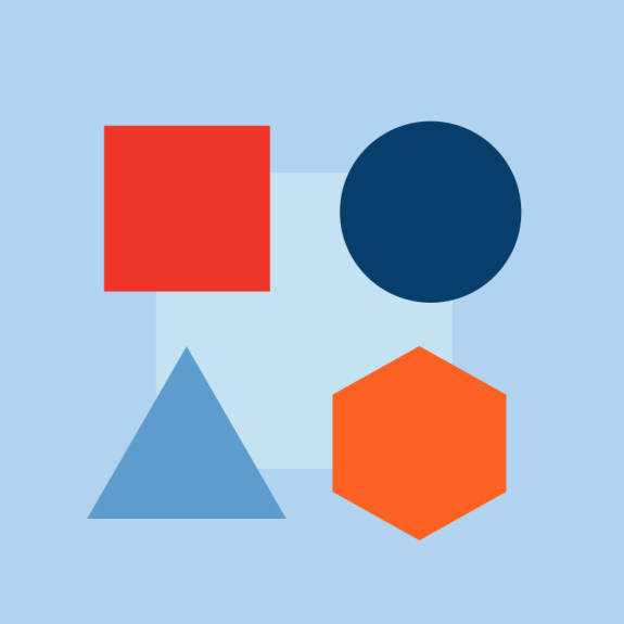 Red square, dark blue circle, light blue triangle, and orange hexagon. Arranged in square shape and set against light blue background.