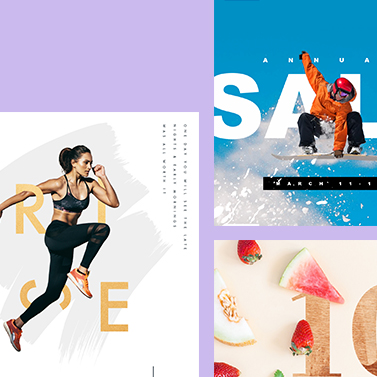 Varios anuncios coloridos con texto en capas en sus diseños. Fije contra un fondo púrpura claro.