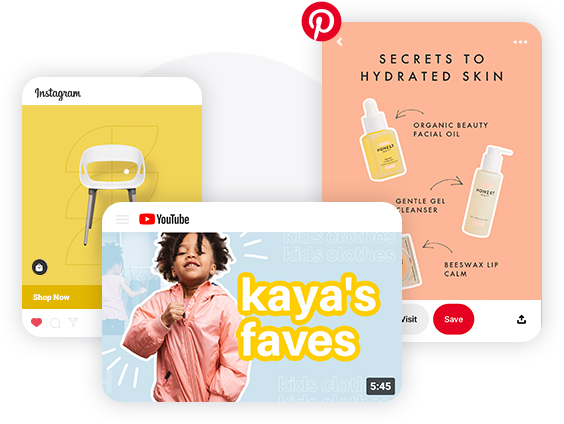 Un modèle de publication Instagram, un modèle YouTube et un modèle d'épingle Pinterest, tous disponibles pour la personnalisation dans PicMonkey.