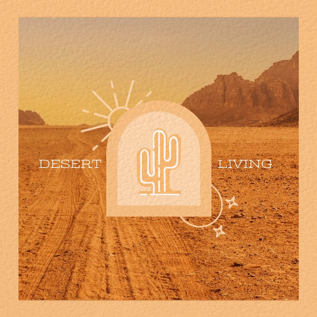 Desert with vintage filter over it. Cactus, sun, circle, and star graphics. Text that reads: "Desert living."
