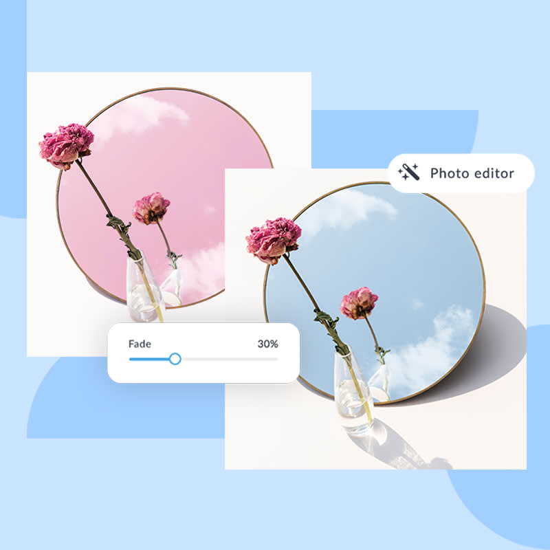 Image of original pink flower in vase up against a blue mirror and same image editing with pink mirror against textured light blue background.