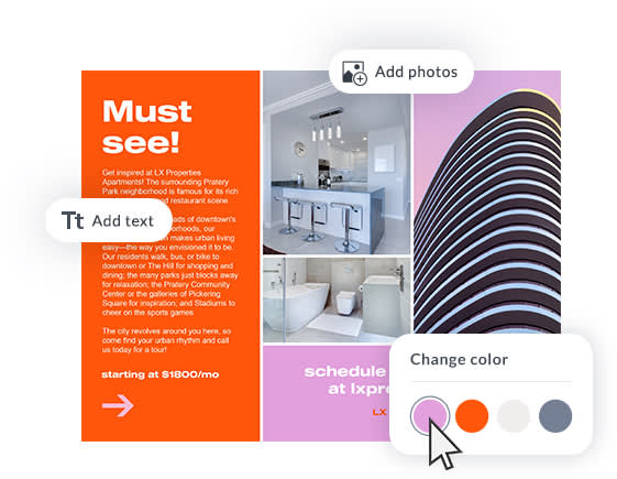 Colorful flyer design with PicMonkey customization options: “Add photos,” “Add text,” and “Change color.”