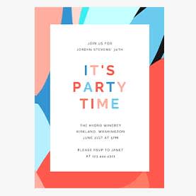 Party invitation template with colorful background and large white rectangle in center, featuring informational text and "It's Party Time."
