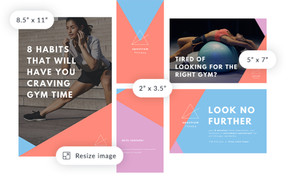 Various standard photo print sizes advertising personal training sessions. Two different women working out with light pink, salmon, and blue geometric-shaped background.