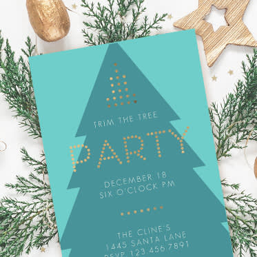 DIY holiday party invitation designs against a floral background. 
