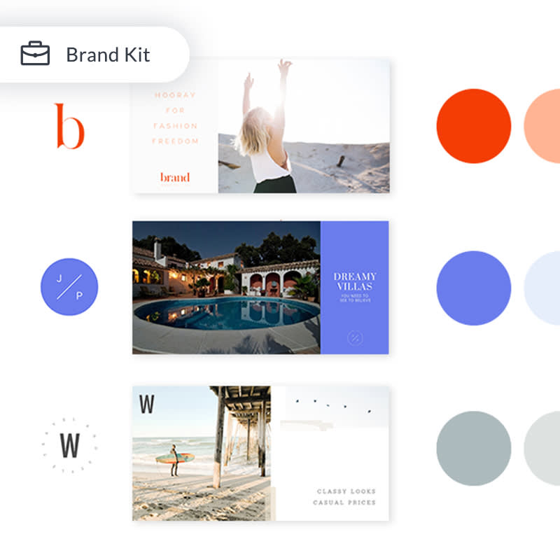 Various branding kits, complete with logos, color palettes, and brand-centric designs.