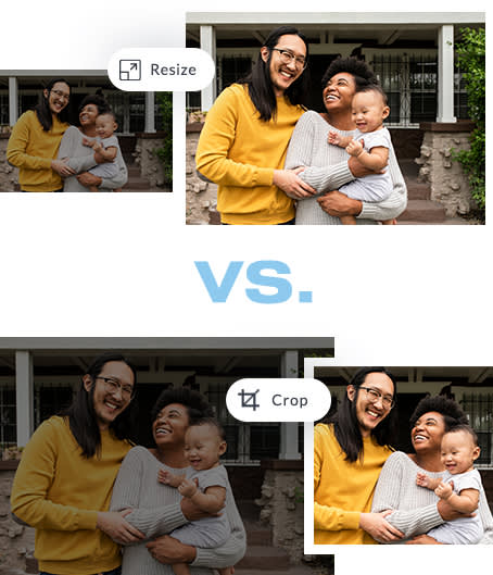 Difference in PicMonkey's Crop tool vs. Resize, showing via differently sized images of smiling couple with baby in woman's arms. 