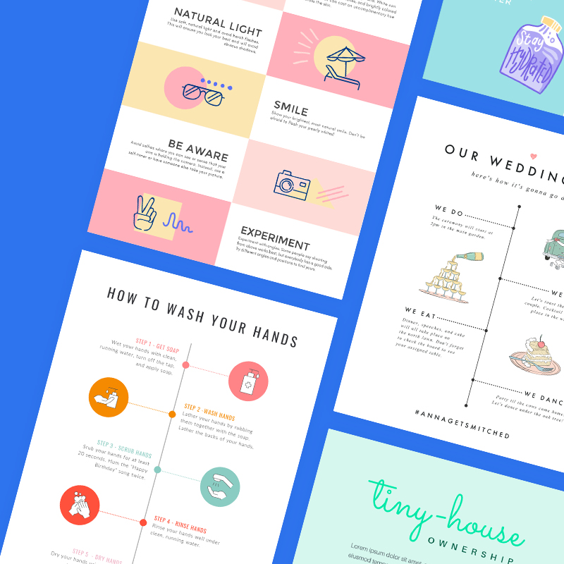 Diagonal grid of PicMonkey infographic templates on blue background. 