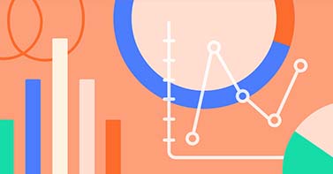 Colorful chart graphics, including bar graph, line chart, and circle charts.