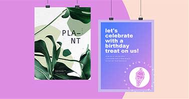 Plant sale and birthday poster designs against purple and salmon background.