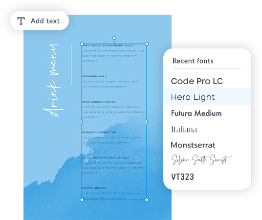 blue drinks menu showing adding text and recent fonts in picmonkey