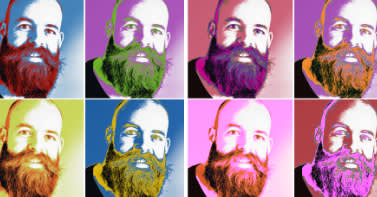 PicMonkey's Warhol effect applied to four-square collage of bearded man. 