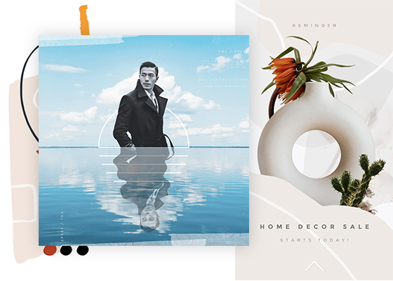 Collages de arte hechos con las herramientas de creación de collages de PicMonkey: la mitad superior monocromática del hombre superpuesta sobre el horizonte con el mar frente a él, anuncio de "Venta de decoración para el hogar" con imágenes y gráficos.