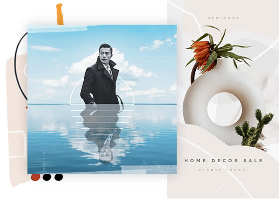 Collages de arte hechos con las herramientas de creación de collages de PicMonkey: la mitad superior monocromática del hombre superpuesta sobre el horizonte con el mar frente a él, anuncio de "Venta de decoración para el hogar" con imágenes y gráficos.