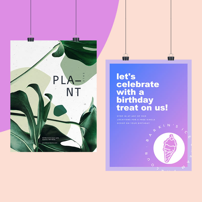 Plant sale and birthday poster designs against purple and salmon background.