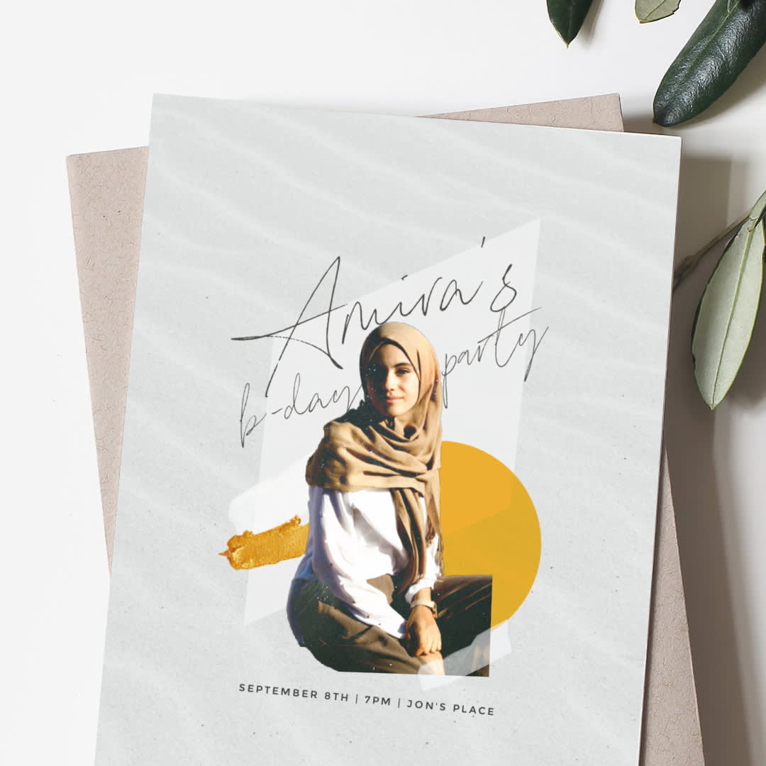 Amira's birthday party template. Collage style invitation with Muslim woman in center with yellow and grey accent graphics and textures.