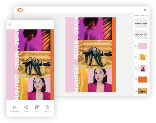 Vision board design being customized in PicMonkey and on PicMonkey's mobile app. 