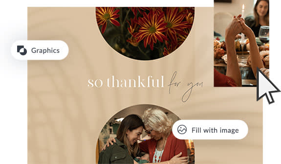 PicMonkey card design, touting editor features like using graphics and filling graphics with images. In this case, images of family on Thanksgiving.