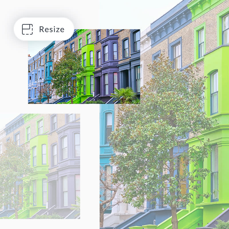 Resize icon showing an Instagram image of neon green, purple, and blue apartment building with a tree out front.