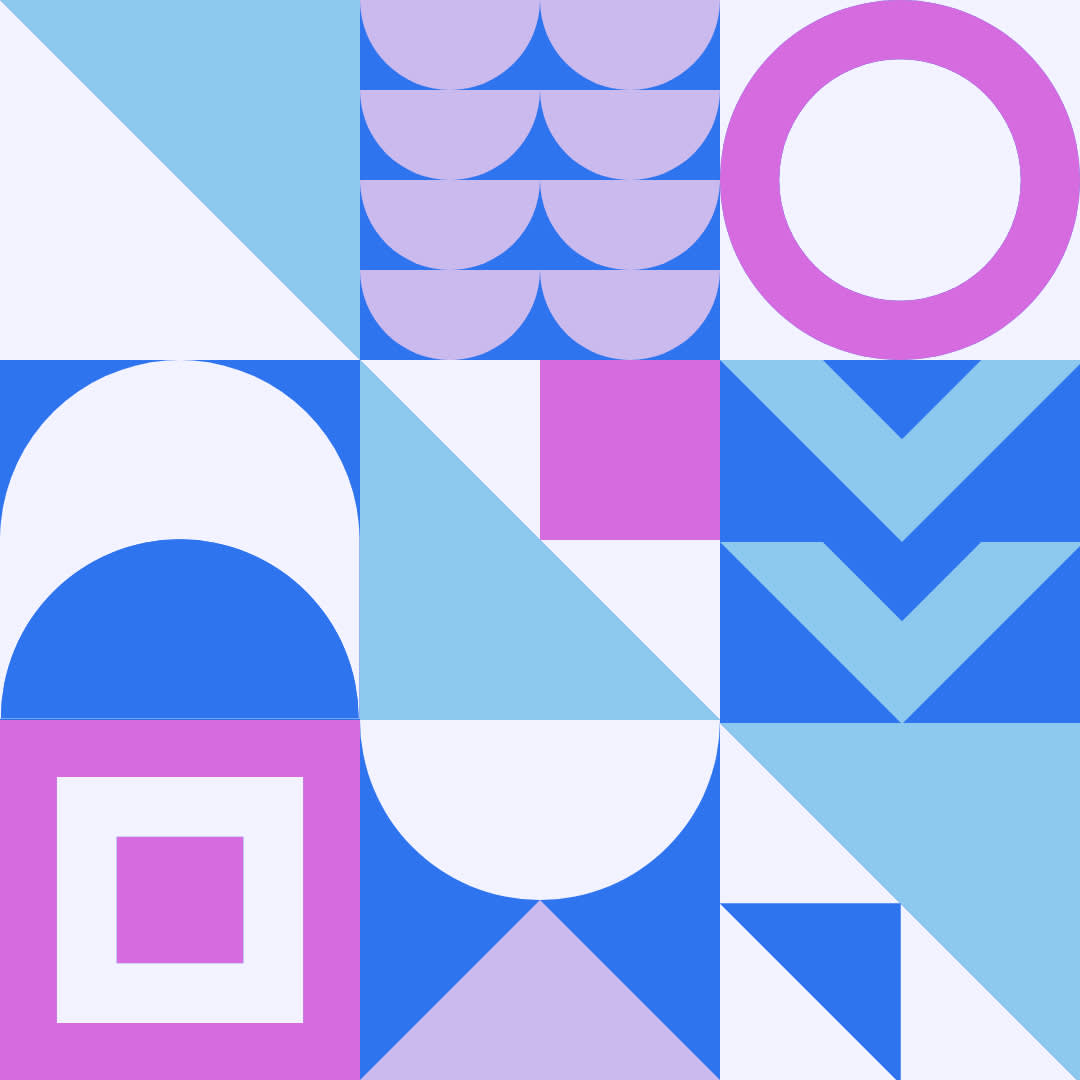 Collage style geometric design with various shapes and bold color scheme.