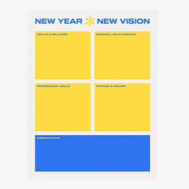 Plantilla de tablero de visión "New Year New Vision" con esquema de color azul y amarillo.