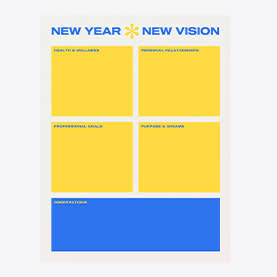 "New Year New Vision" vision board template with blue and yellow color scheme.