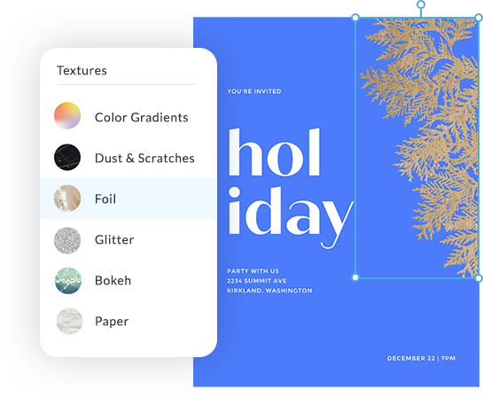 Free invitation maker tools at PicMonkey, with the Foil texture being applied to a holiday party invitation design.