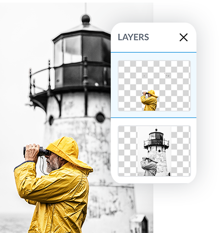 Color splash photography using PicMonkey's Background eraser, featuring man in yellow rain jacket in front of black and white lighthouse.