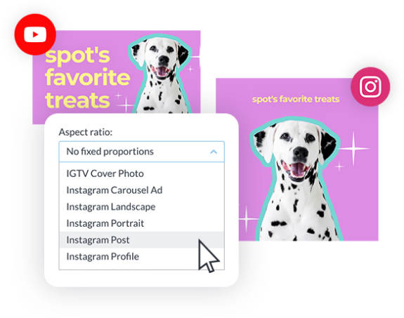 Social media ad for Instagram and YouTube with PicMonkey Aspect ratio drop-down menu showing various sizing options. 